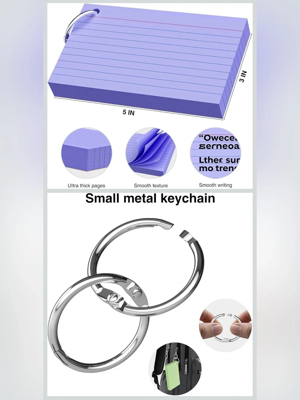 Colored Lined Index Cards with Binder Ring - White, Pink, Purple, Blue